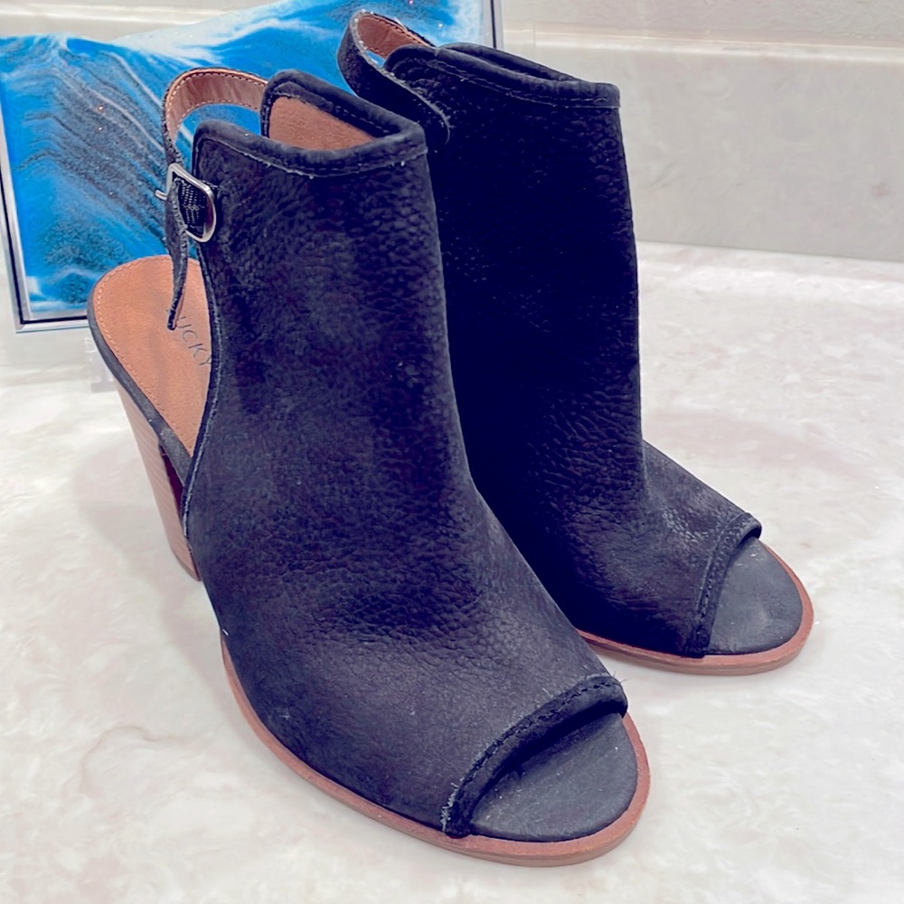 Lucky brand peep toe black mule shoes